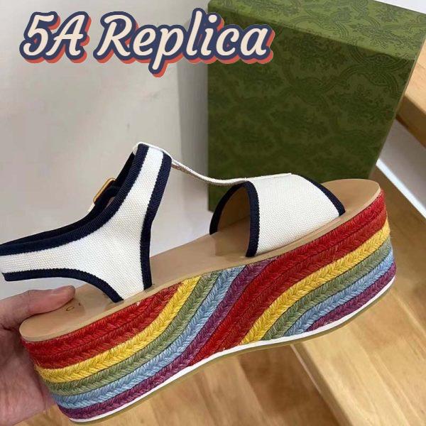 Replica Gucci Women GG Platform Sandals White Cotton Double G Embroidery 7 Cm Heel 3