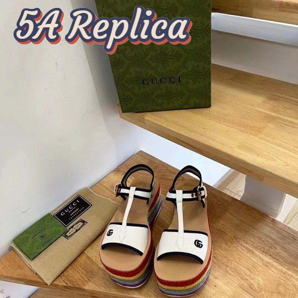 Replica Gucci Women GG Platform Sandals White Cotton Double G Embroidery 7 Cm Heel 7