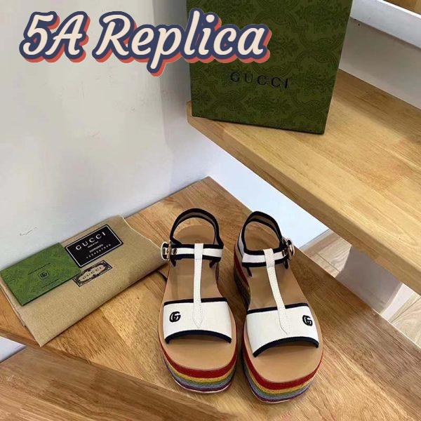 Replica Gucci Women GG Platform Sandals White Cotton Double G Embroidery 7 Cm Heel 8
