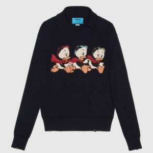 Replica Gucci Men Disney x Gucci Donald Duck Cotton Wool Sweater Holes Crewneck Collar-Navy 2