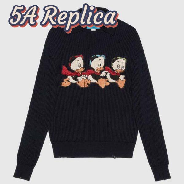Replica Gucci Men Disney x Gucci Donald Duck Cotton Wool Sweater Holes Crewneck Collar-Navy 2