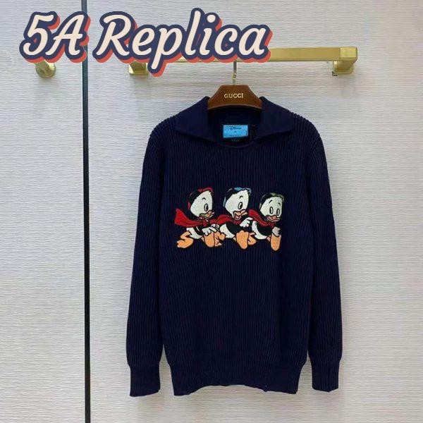 Replica Gucci Men Disney x Gucci Donald Duck Cotton Wool Sweater Holes Crewneck Collar-Navy 3