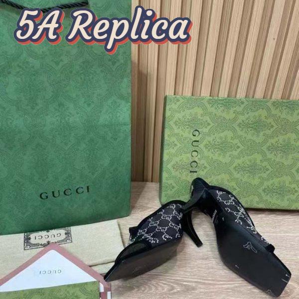 Replica Gucci Women GG Sandal Black Mesh GG Crystals Square Toe Mid-Heel 7