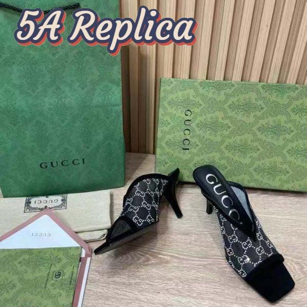 Replica Gucci Women GG Sandal Black Mesh GG Crystals Square Toe Mid-Heel 9