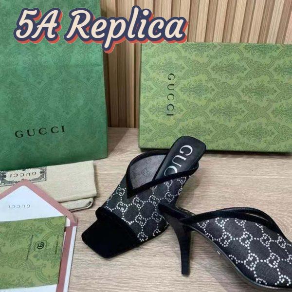 Replica Gucci Women GG Sandal Black Mesh GG Crystals Square Toe Mid-Heel 11