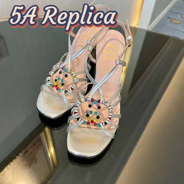 Replica Gucci Women GG Sandal Interlocking G Silver Metallic Leather High 9 Cm Heel 5