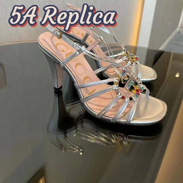 Replica Gucci Women GG Sandal Interlocking G Silver Metallic Leather High 9 Cm Heel 6