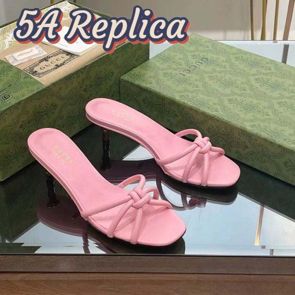 Replica Gucci Women GG Slide Sandal Bamboo Pink Leather Bamboo Low Heel 3