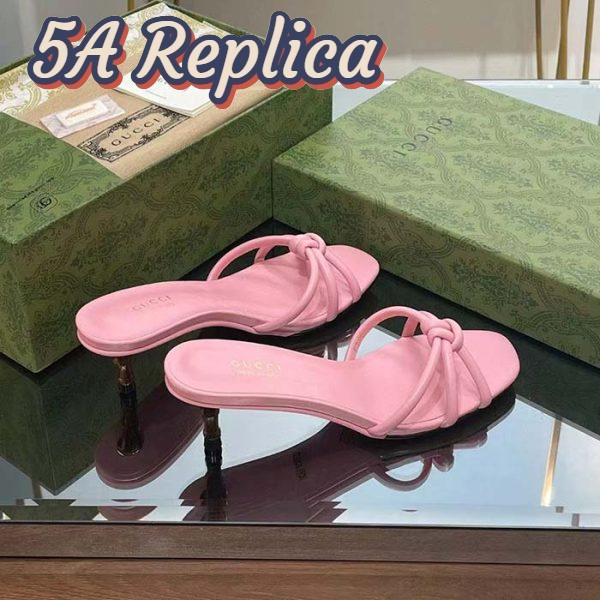 Replica Gucci Women GG Slide Sandal Bamboo Pink Leather Bamboo Low Heel 4