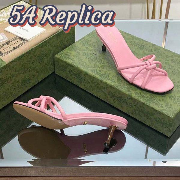 Replica Gucci Women GG Slide Sandal Bamboo Pink Leather Bamboo Low Heel 10