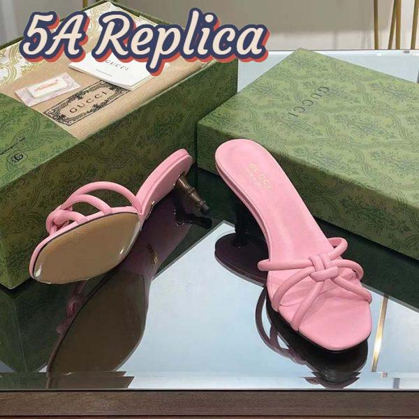 Replica Gucci Women GG Slide Sandal Bamboo Pink Leather Bamboo Low Heel 11