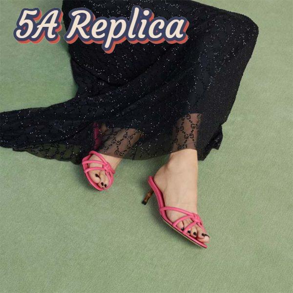 Replica Gucci Women GG Slide Sandal Bamboo Pink Leather Bamboo Low Heel 12