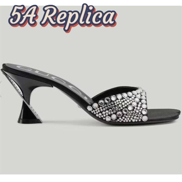 Replica Gucci Women GG Slide Sandal Crystals Black Silk Satin Mid 6 CM Heel 2