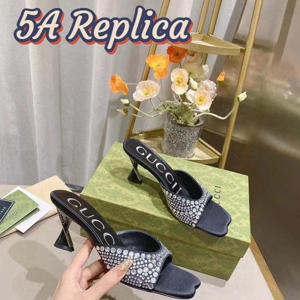 Replica Gucci Women GG Slide Sandal Crystals Black Silk Satin Mid 6 CM Heel 6