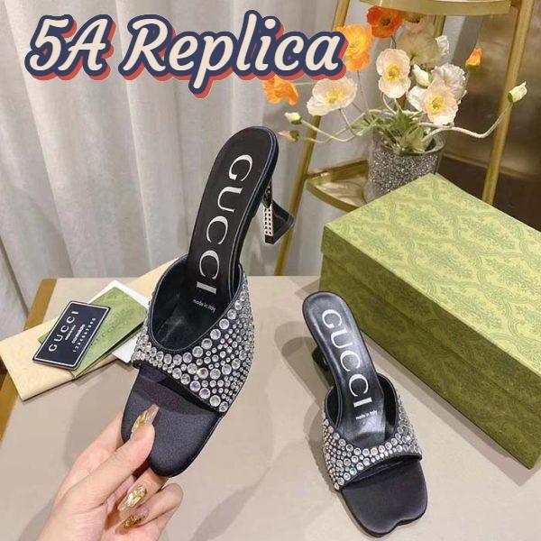 Replica Gucci Women GG Slide Sandal Crystals Black Silk Satin Mid 6 CM Heel 7