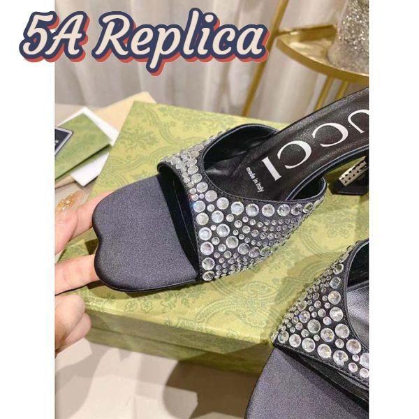 Replica Gucci Women GG Slide Sandal Crystals Black Silk Satin Mid 6 CM Heel 10