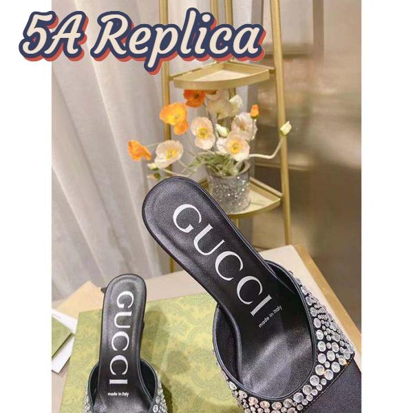 Replica Gucci Women GG Slide Sandal Crystals Black Silk Satin Mid 6 CM Heel 11