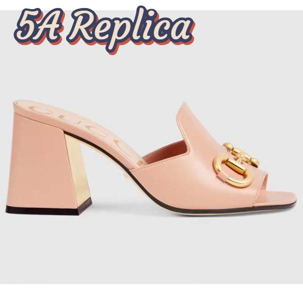 Replica Gucci Women GG Slide Sandal Horsebit Pink Leather Mid 7.6 Cm Heel