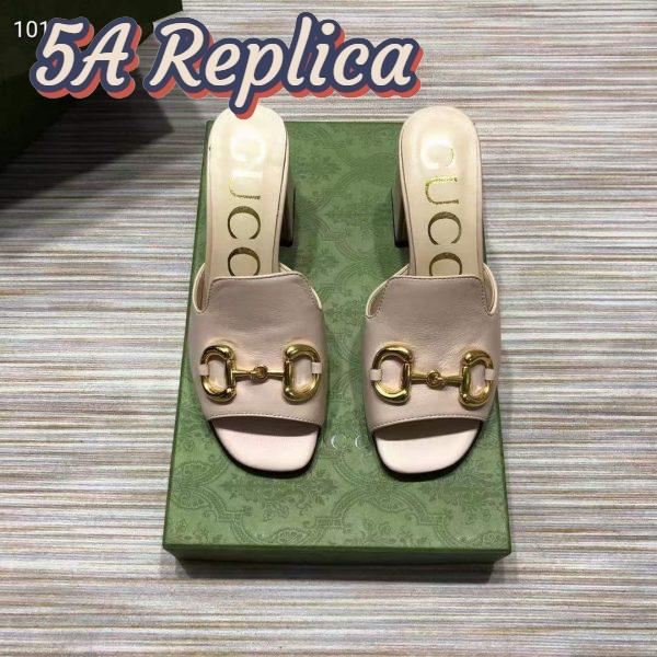 Replica Gucci Women GG Slide Sandal Horsebit Pink Leather Mid 7.6 Cm Heel 7