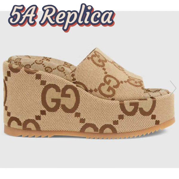 Replica Gucci Women Platform Slide Sandal Camel Ebony Maxi GG Canvas High Heel 10 Cm