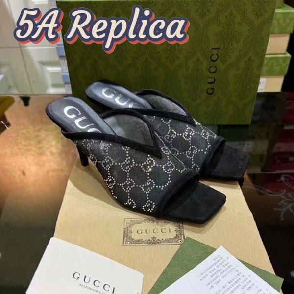 Replica Gucci Women Sandal Black Mesh GG Crystals Square Toe Mid Heel 8 Cm Heel 3