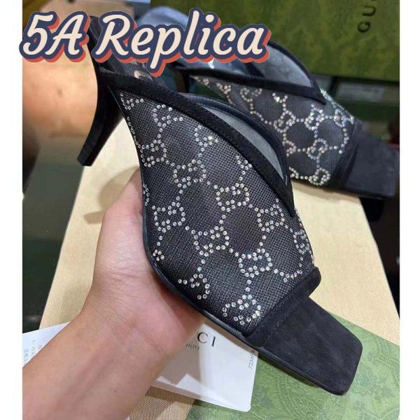 Replica Gucci Women Sandal Black Mesh GG Crystals Square Toe Mid Heel 8 Cm Heel 5