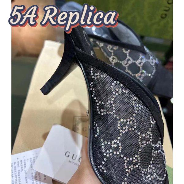 Replica Gucci Women Sandal Black Mesh GG Crystals Square Toe Mid Heel 8 Cm Heel 8