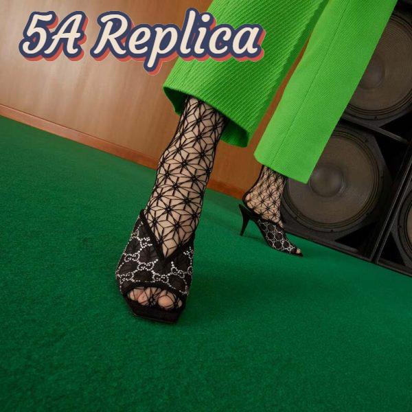 Replica Gucci Women Sandal Black Mesh GG Crystals Square Toe Mid Heel 8 Cm Heel 12