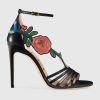 Replica Gucci Women Shoes Embroidered Leather Mid-Heel Sandal 100mm Heel-Black