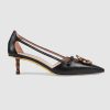 Replica Gucci Women Shoes Metallic Leather Pump with Crystal Double G 50mm Heel-Black