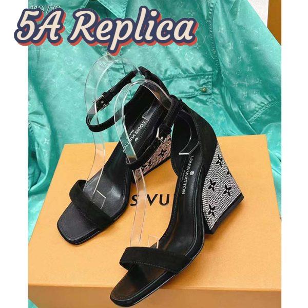 Replica Louis Vuitton LV Women Appeal Wedge Sandal Black Suede Baby Goat Leather Strass 7