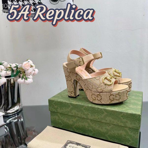 Replica Gucci Women Horsebit Platform Sandal Natural GG Raffia High 12 CM Heel 3