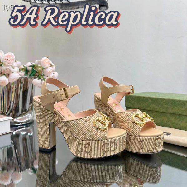 Replica Gucci Women Horsebit Platform Sandal Natural GG Raffia High 12 CM Heel 4