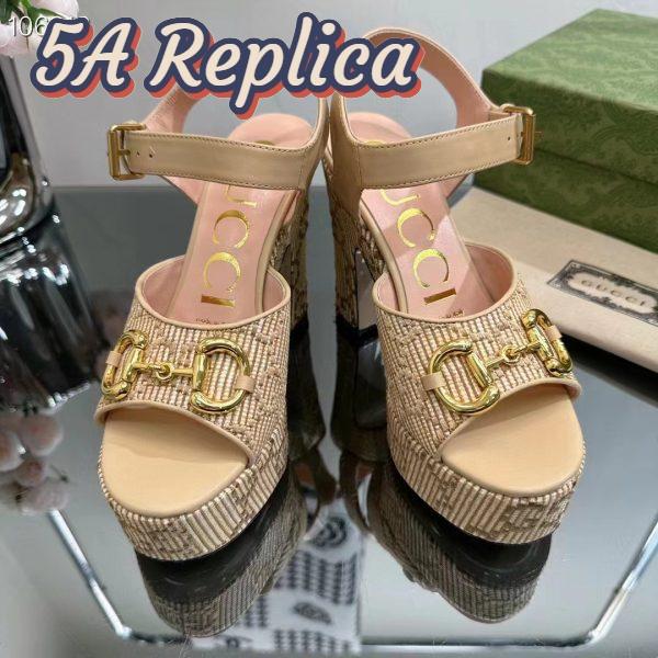 Replica Gucci Women Horsebit Platform Sandal Natural GG Raffia High 12 CM Heel 5