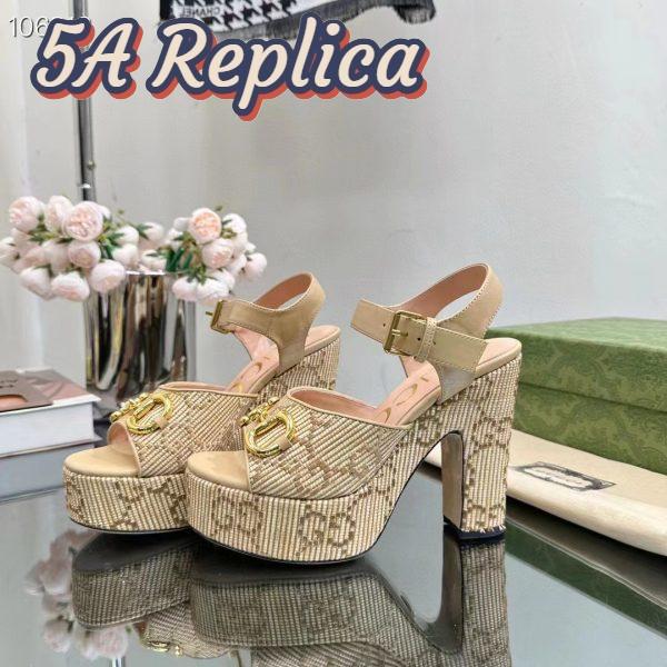 Replica Gucci Women Horsebit Platform Sandal Natural GG Raffia High 12 CM Heel 6