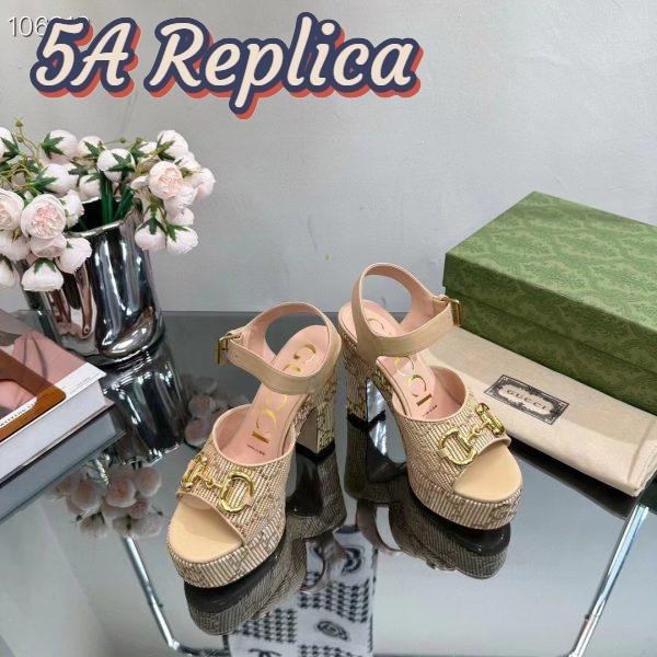 Replica Gucci Women Horsebit Platform Sandal Natural GG Raffia High 12 CM Heel 7