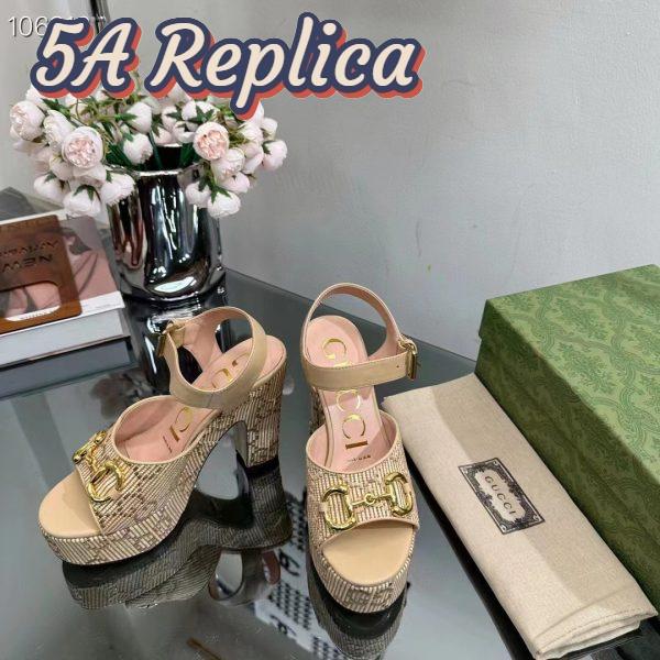 Replica Gucci Women Horsebit Platform Sandal Natural GG Raffia High 12 CM Heel 8