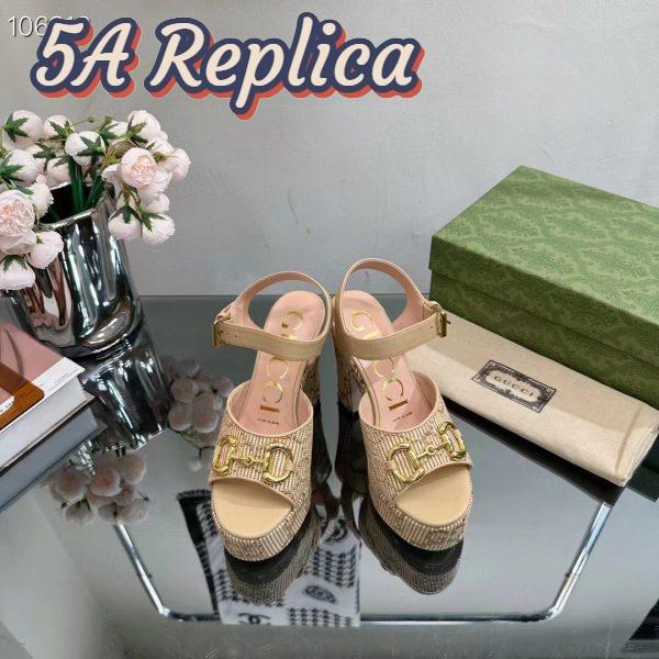Replica Gucci Women Horsebit Platform Sandal Natural GG Raffia High 12 CM Heel 9