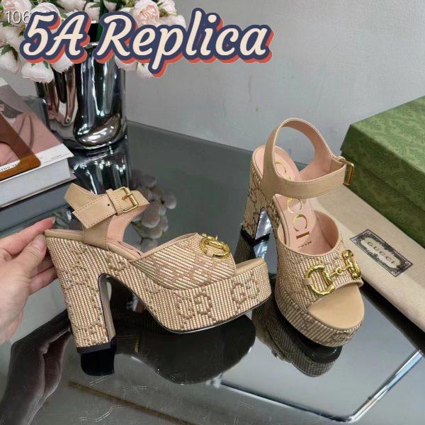 Replica Gucci Women Horsebit Platform Sandal Natural GG Raffia High 12 CM Heel 10