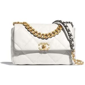 Replica Chanel Women CC 19 Flap Bag Calfskin Gold Silver-Tone Metal White