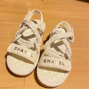 Replica Chanel Women CC Cotton Tweed White Sandals Calfskin Leather Cotton 1 CM Heel