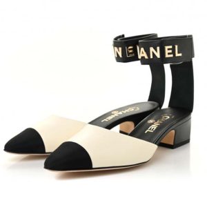 Replica Chanel Women CC Sandals Calfskin Black White Gold Tone Metal Logo