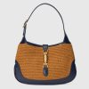 Replica Gucci GG Women Jackie 1961 Small Shoulder Bag Camel Straw Effect Fabric Blue Leather