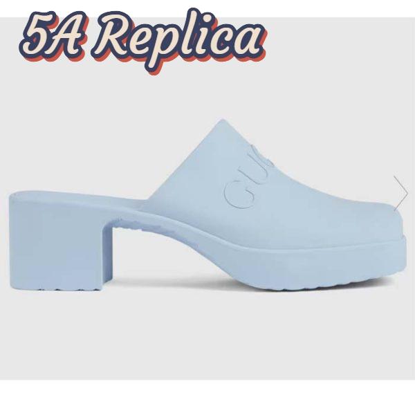 Replica Gucci Women GG Slip-On Sandal Pastel Blue Rubber Embossed Logo Square Toe Chevron