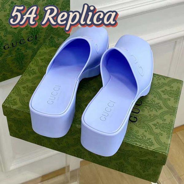 Replica Gucci Women GG Slip-On Sandal Pastel Blue Rubber Embossed Logo Square Toe Chevron 8