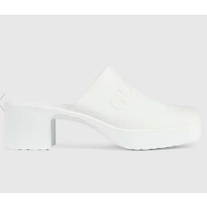 Replica Gucci Women GG Slip-On Sandal White Rubber Embossed Logo Square Toe Chevron 2