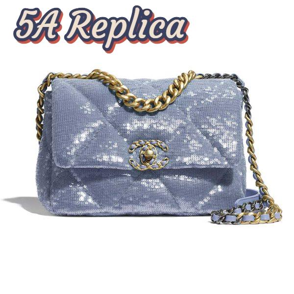 Replica Chanel Women 19 Flap Bag Sequins Calfksin Silver-Tone Gold-Tone Metal Sky Blue