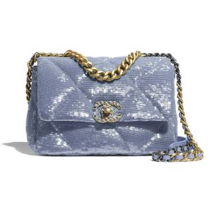 Replica Chanel Women 19 Flap Bag Sequins Calfksin Silver-Tone Gold-Tone Metal Sky Blue 2