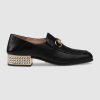 Replica Gucci Women Horsebit Leather Loafer with Crystals 2.54cm Mirrored Heel-Black