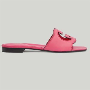 Replica Gucci Women Interlocking G Cut Out Slide Sandal Dark Pink Leather Flat